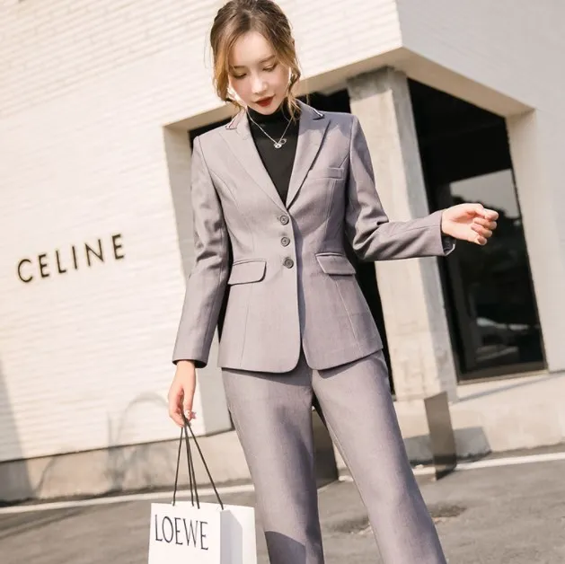

Women Office Wear Pant Suit Formal Womens Solid Black Grey Suits 2 Pieces Blazer Set Pantsuit Woman Fashion Flare Trouser Suit
