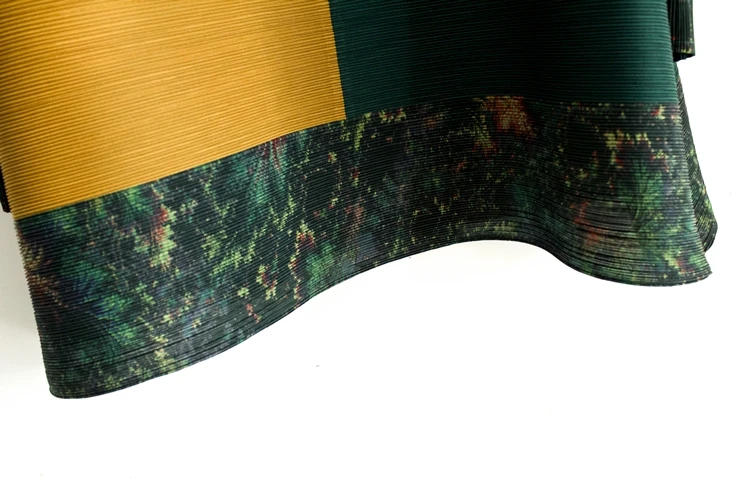 Горячая Miyake складки мода с длинным рукавом o-образным вырезом печати сплайсинга Цвет Офисная Женская футболка