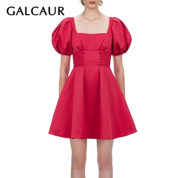 

GALCAUR Vintage Elegant Ruched Dress Women Square Collar Puff Short Sleeve High Waist Mini Dresses Female Spring Clothes 2020