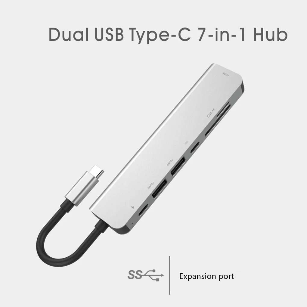 USB-C Hub 7 en 1 de aleación de aluminio 4K HD 30HZ, adaptador de puerto USB 3,0 Dual, PD, USB C, ranura SD, lector de tarjetas TF tipo C para ordenador portátil