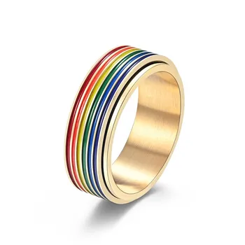 

Stainless Steel Rainbow Stripe Spinner Ring Wedding Band for Women Men Size 6-12