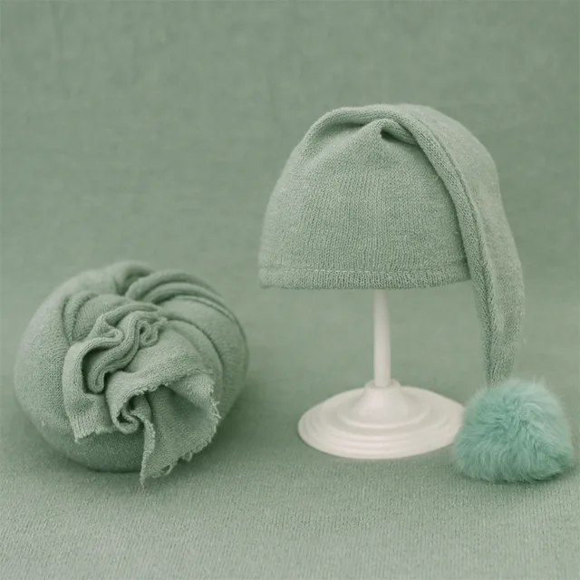 2pcs Wrap Hat Sets Newbornn Photography Props Boys Girls Photography Swaddle Blanket Infant Baby Picture Shoot Props Accessories Light Green