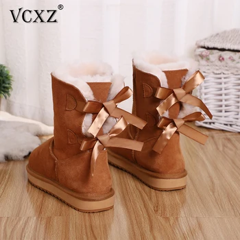 

VCXZ New high quality Fashion Cowhide leather women lovely winter boots bowknot solid color wool lined for warm girl snow Boots