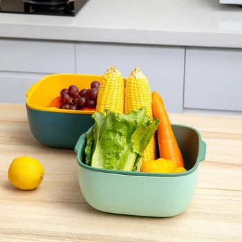 

Household Kitchen Double-Layer Vegetable Drain Basket Washing Vegetables Fruits Fast Drain Storage Basket @LS