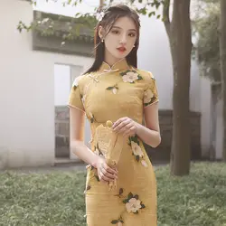 Cheongsam Dress Women's Plus Size 2022 Summer Chiffon Prints Traditional Chinese Style Slim Fit Short Sleeve Qipao Dresses Woman