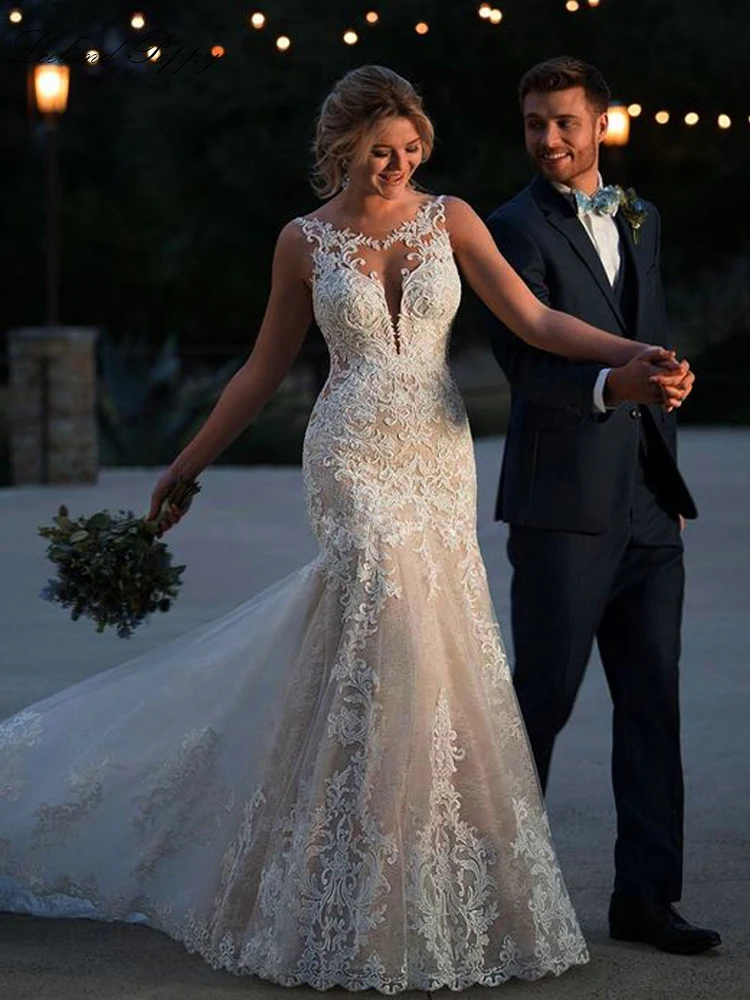 Элегантное кружевное свадебное платье Русалка Vestido de Noiva с глубоким вырезом без рукавов с открытой спиной длиной до пола свадебное платье со шлейфом
