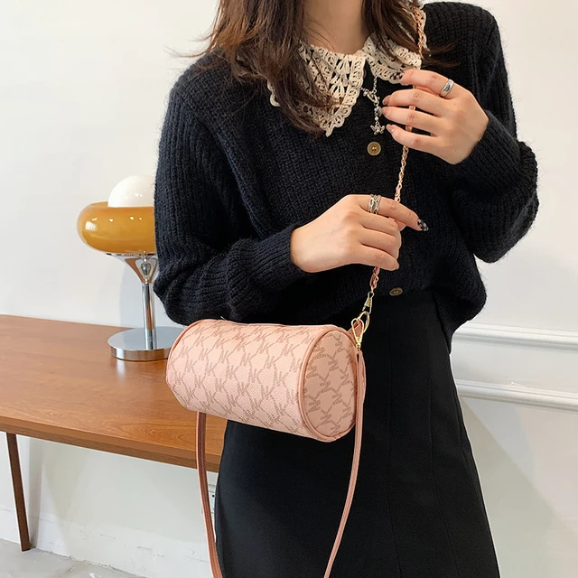 Women Barrel Shaped Bag Vintage Letter Print Pink Crossbody Bag