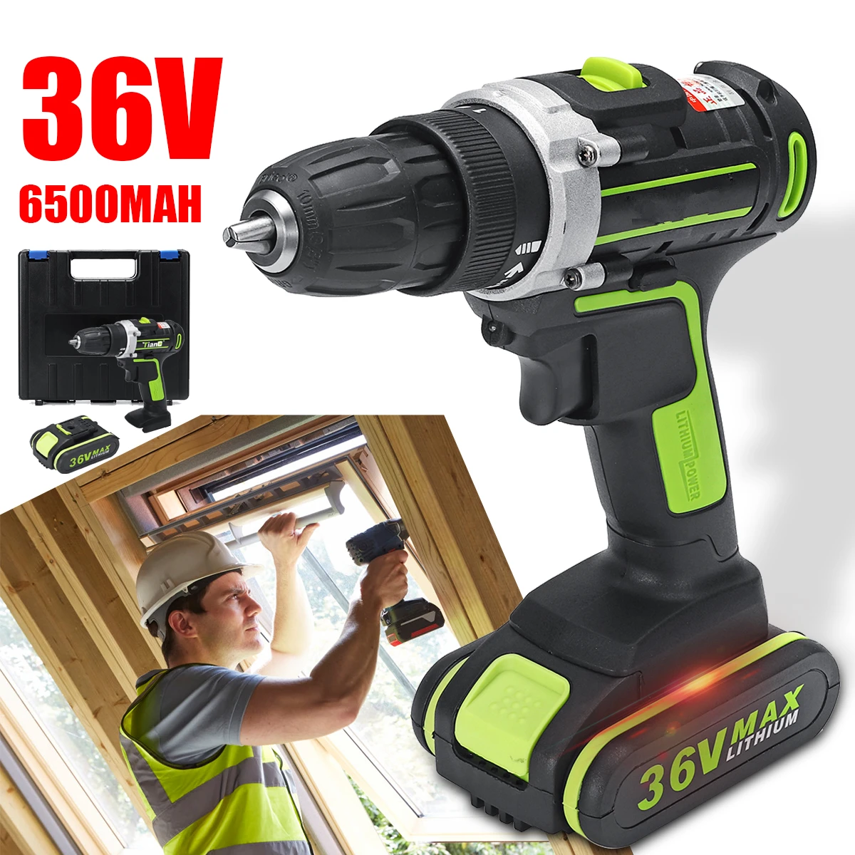 

36V 2-Speed Electric Screwdriver 3/8" Cordless Drill Driver Rechargeable 6500mAh Li-Ion Battery Parafusadeira Power Tools 1500W