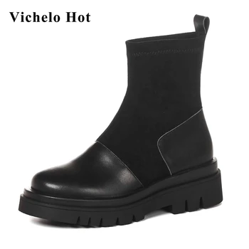 

Vichelo Hot limited customization large size natural leather round toe high heels simple style winter keep warm ankle boots L81