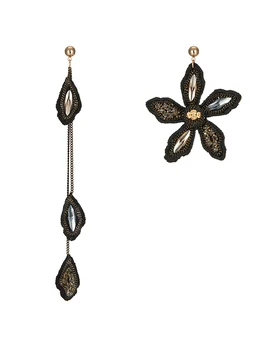

Elegant black lace flower crystal manual asymmetric earrings female