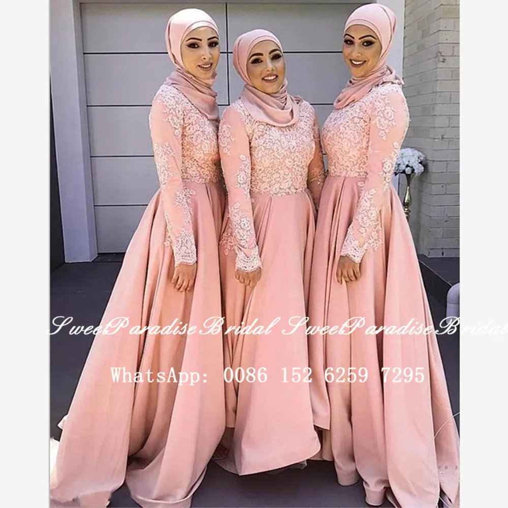 Vestidos de Dama de Honra com Mangas Vestido de Festa de Casamento Blush Rosa Laço Muçulmano Compridas Apliques 2020 Árabe Dubai Feminino Uma Linha