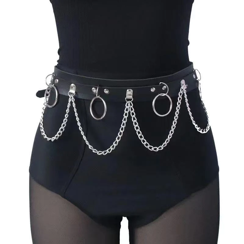 Sexy Women Gothic Heart Hiphop Belt with Chain Harajuku Punk Style Jk Waist Adjustable Disco Dancing Pu Dress Jeans Waist Chain white waist belt
