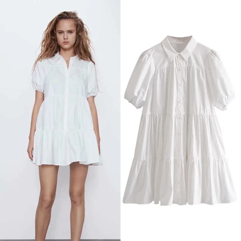 

Hot Sale Lady Solid Color Lapel Puff Sleeve Shirt Dress Small Pleated Slim Wide Swing Dress Office Lady Dress Pretty Dresses