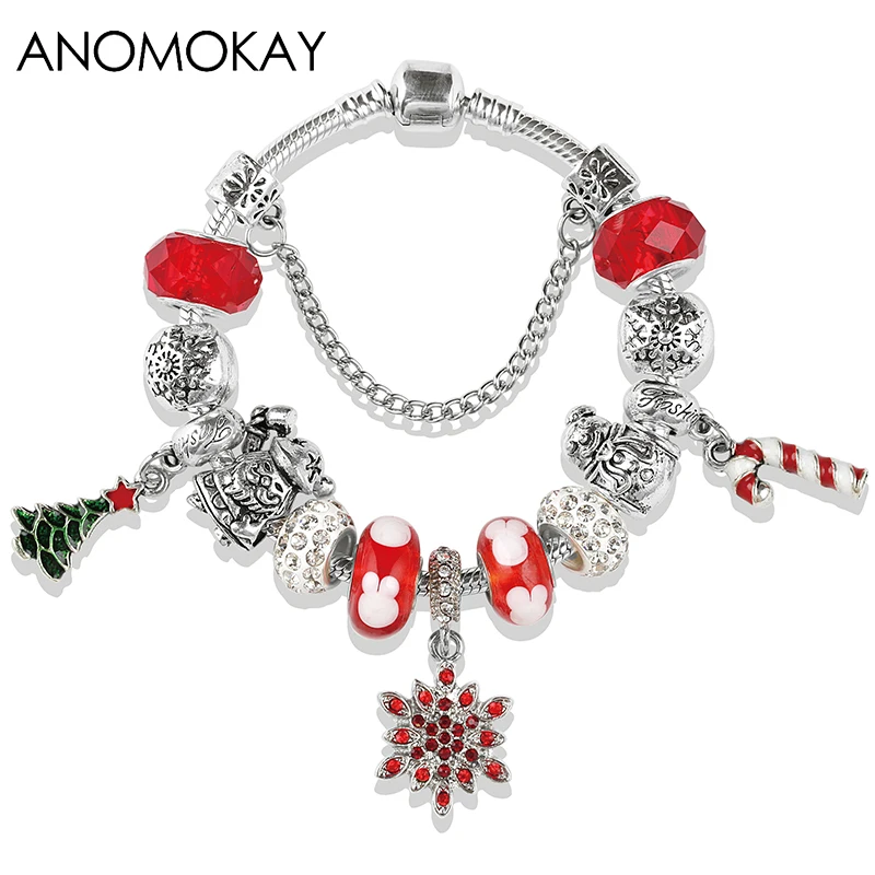 European& American Trendy Christmas Apple Charm Bracelet& Bangle Red Flower Crystal Diy Bead Bracelet Jewelry for Women - Окраска металла: 861