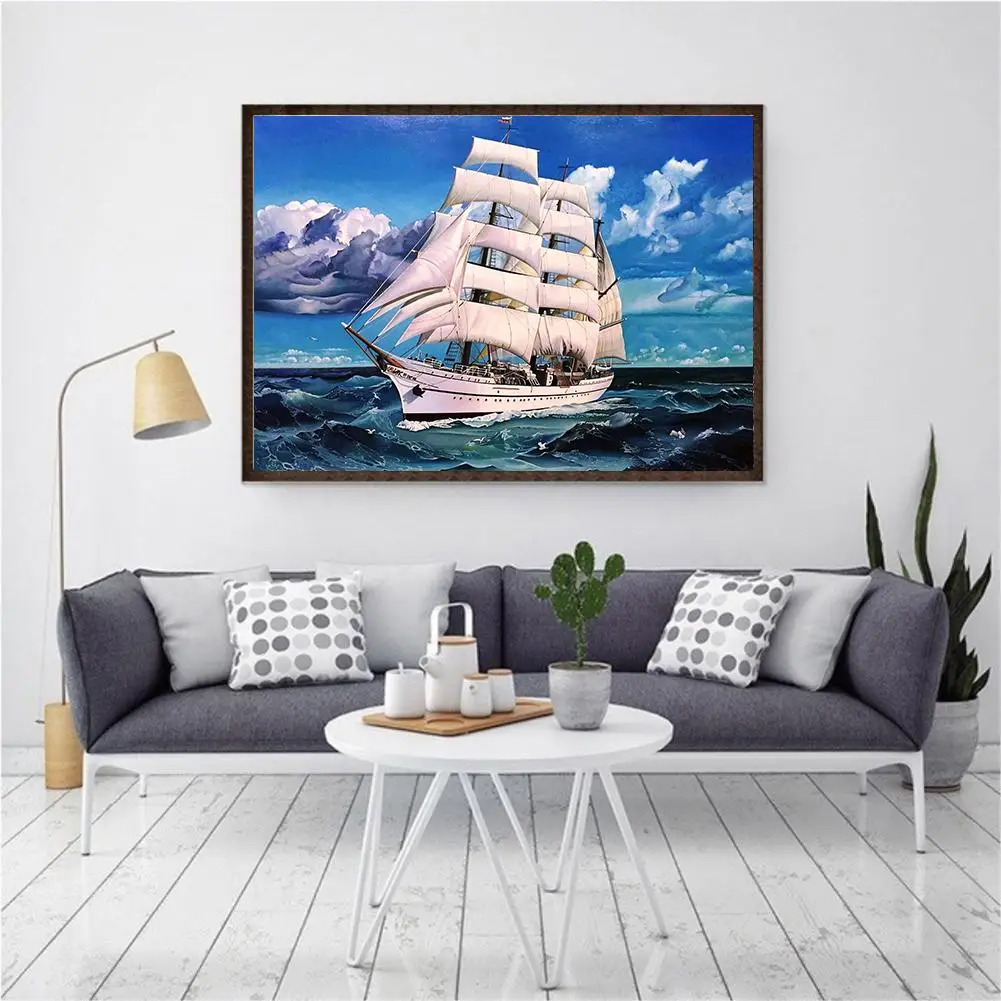 

30x40cm Sailboat Cross Stitch Craft DIY Mosaic Full Round Diamond Painting Decor