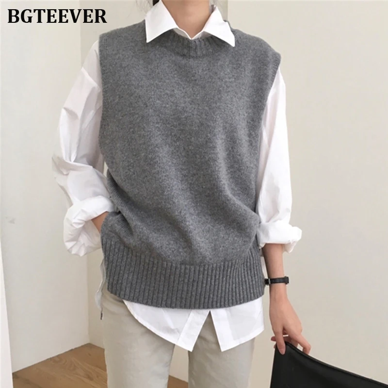 

BGTEEVER Autumn O-neck Sleeveless Women Pullovers Casual Knitted Tops Outerwear Vest Sweater Female Winter Warm Jumpers 2019