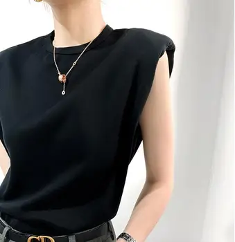 

Women T-shirt 2020 Summer Sleeveless Cotton Tank Round Neck Solid Color Top