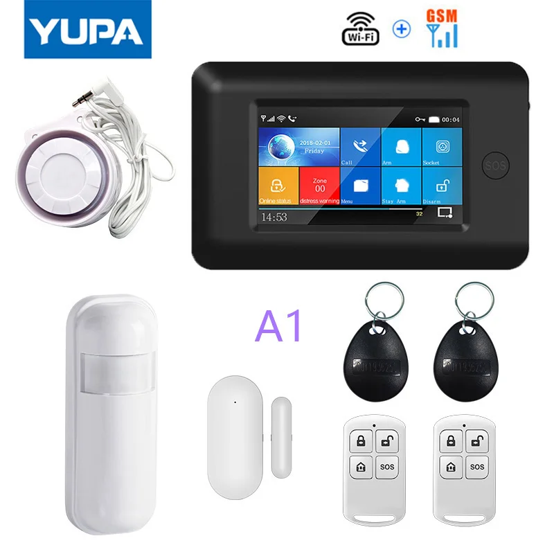 YUPA 4.3inch Full Touch Screen 433MHz Wireless WIFI GSM Home Burglar Security Alarm System With Motion Sensor PIR Door Detectors