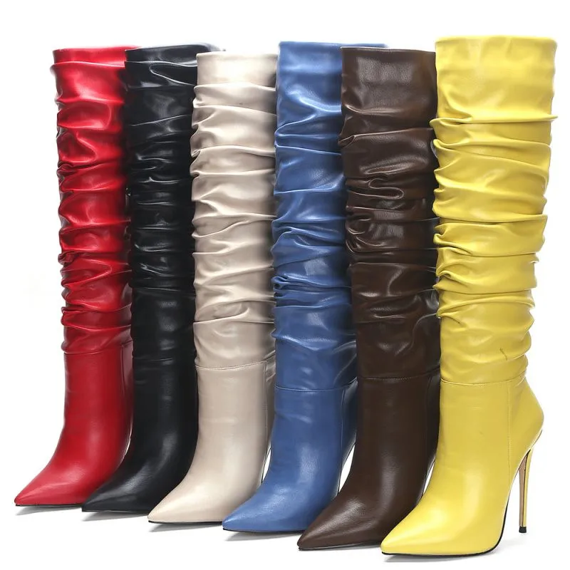 

6 Colors Knee High Women Boots High Heels Autumn Winter Shoes Fashion Pointed Toe Thin Heels Red Beige #Y0007793L