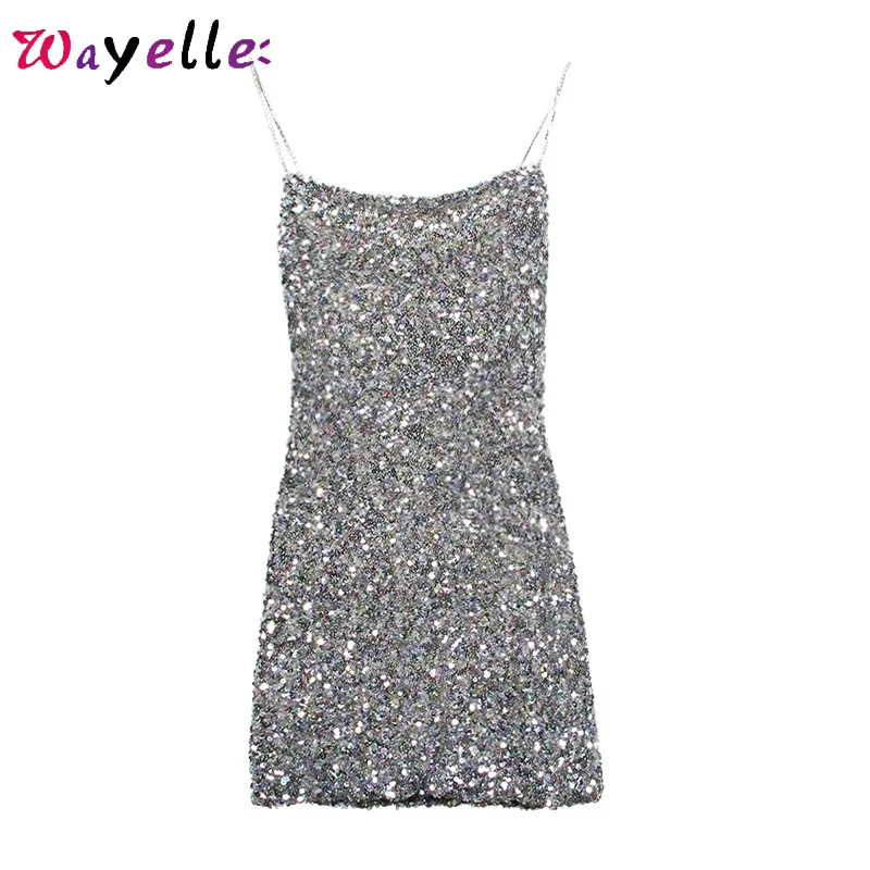 

Sequined Spaghetti Strap 2019 Sexy Strapless Solid Chic Mini Dress Women Sequined Elegant Party Summer Dress Bling Short Dress