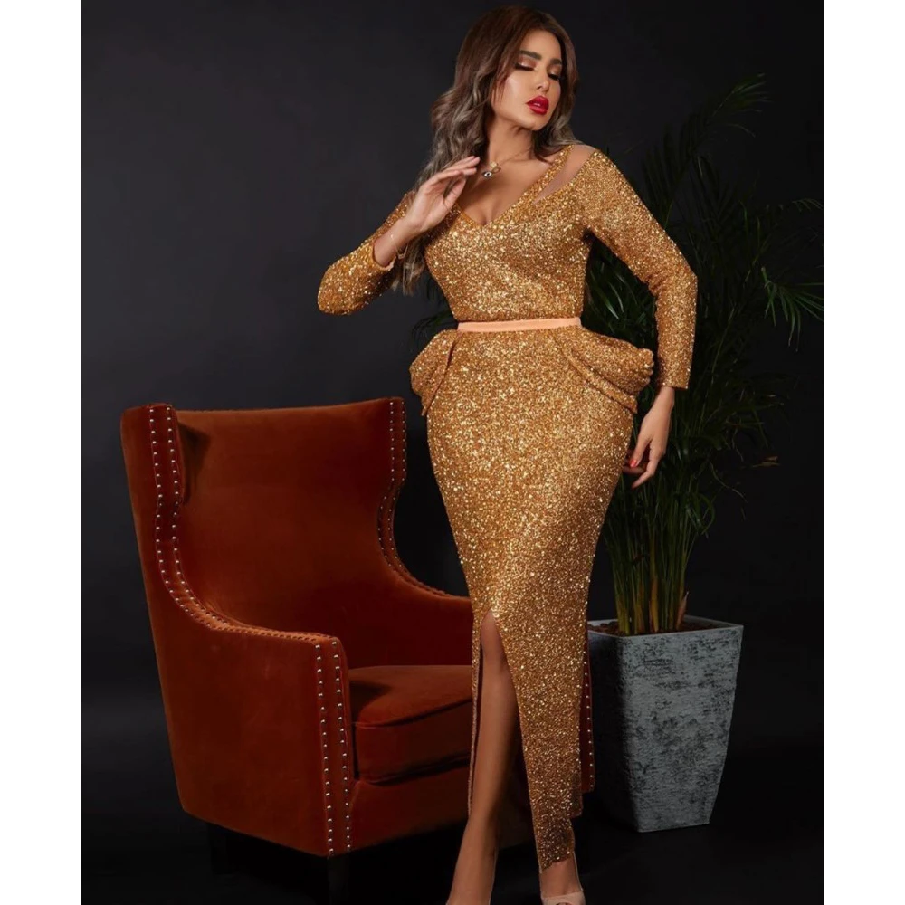 

Prom Dresses With Sleeves Mermaid Long 2020 Saudi Arabia Sexy Gold Sequin Split For Women Formal Evening Party Gowns