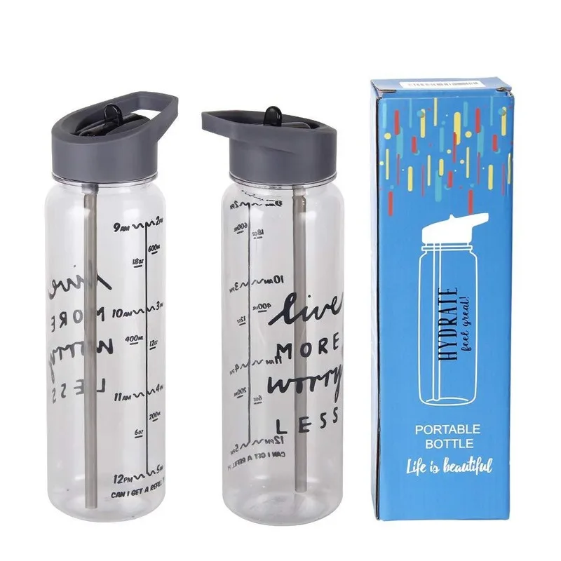 

720ML Outdoor Sports Water Bottle Gray Plastic Portable with Handle Straw Bottle Kettle Coffee Milk Kids Water Bottle Kettle