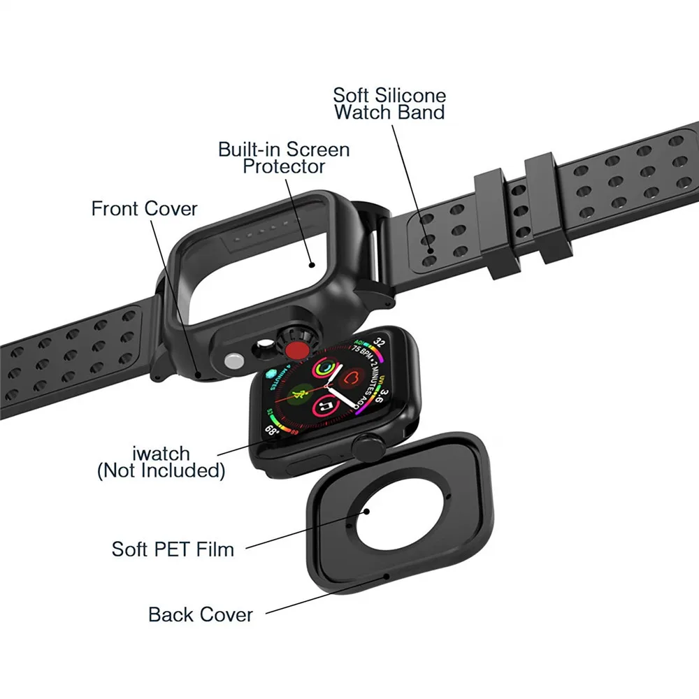 Black Silicone Waterproof Sports Watch Case for Apple Watch with iWatch Breathable Bracelet Strap 2 3 5