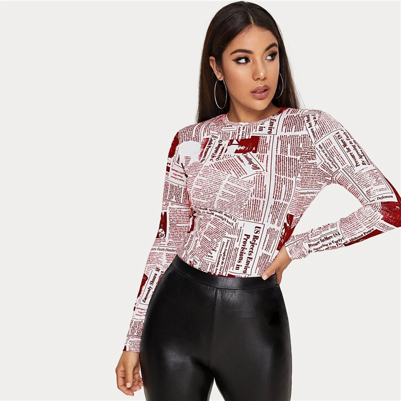 SHEIN Женская Повседневная футболка с буквенным принтом и круглым вырезом на весну и осень, облегающие уличные футболки с длинным рукавом