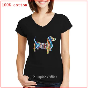 

2020 Latest popularity Psychedelic Dachshund t shirt for women V neck Personalized Short Sleeves cozy and Breathable simple tees