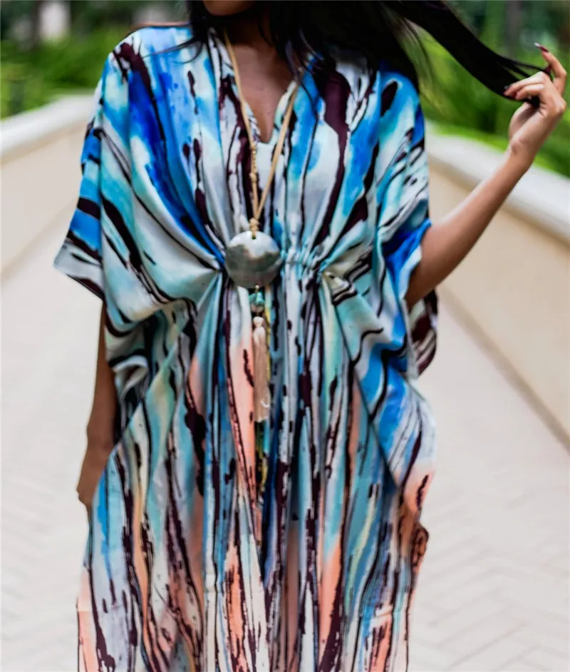 Богемное Тропическое летнее пляжное платье с принтом, Шифоновая туника, Женская пляжная одежда больших размеров, макси платье, халат N918