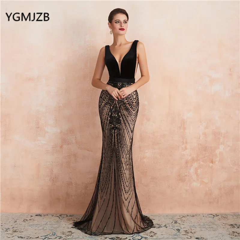 

Sexy Backless Sequin Evening Dress Long 2019 Mermaid V Neck Black Elegant Formal Dress Prom Party Gown Robe De Soiree