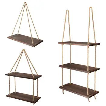 

Jute Rope Floating Wall Hanging Shelves Wood Window Shelf Rustic Storage Rack Home Decor Plants Photos Decorations Display