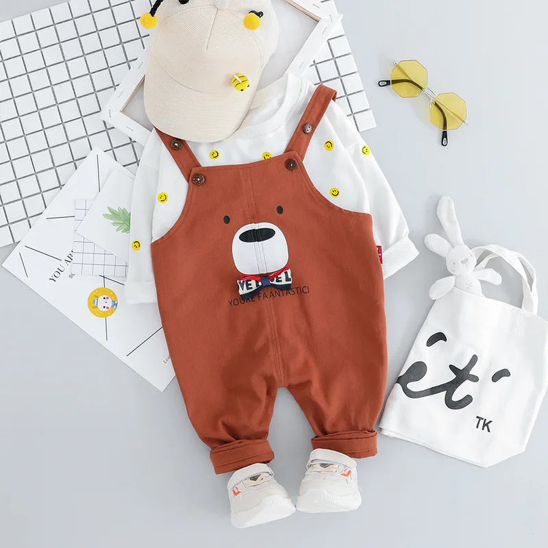 Осенний комплект одежды для маленьких мальчиков и девочек, футболка со смайликом+ комбинезон с героями мультфильмов комплект для новорожденных из 2 предметов милый костюм для малышей возрастом от 1 года до 3 лет