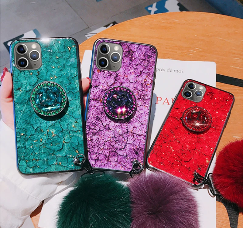 Luxury Diamond Cute Hair Ball Lanyard Bracket Soft Case For iphone X XR XS 11 pro MAX 7 8 6S plus 3D Bling Crystal Holder Cover