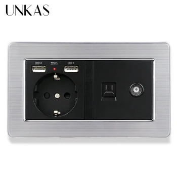 

UNKAS Black Stainless Steel Panel EU Standard Wall Socket with 2 USB Charge Port + Female TV Connector and RJ45 Internet Jack