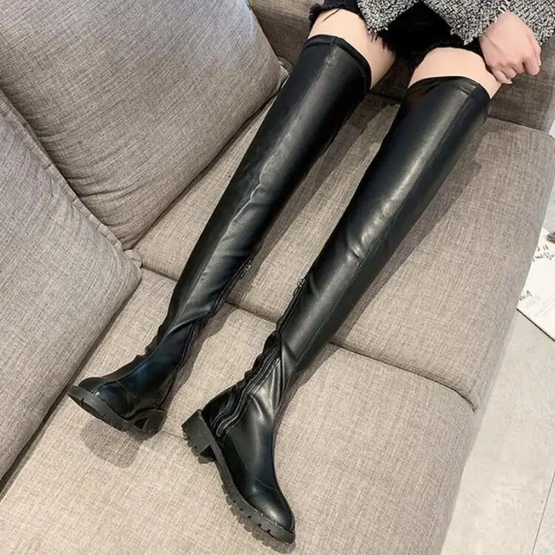 

Women over the knee boots shoes autumn booties woman round Toe chunky low heels PU leather mujer zapatos a115