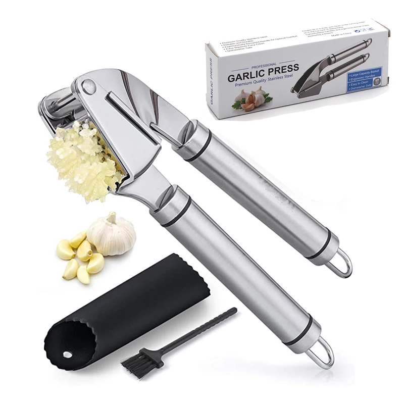 Premium Garlic Press Set Stainless Steel Mincer Crusher And Peeler Set