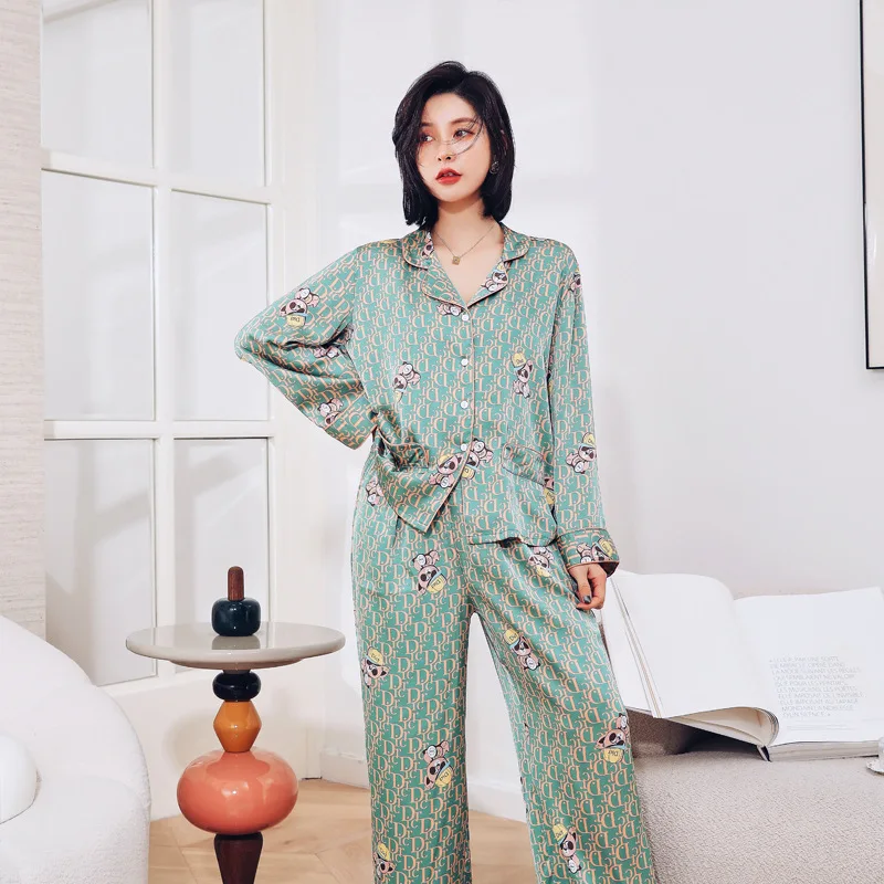 

2020 spring and summer new ladies ice silk pajamas two-piece suit Korean ice and snow silk long sleeve sexy pajamas womens