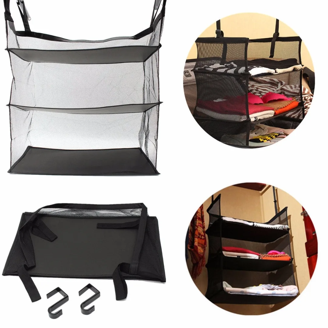 JX-LCLYL 3 Tier Collapsible Hanging Organizer Closet Luggage Clothes Bag Shelf Storage