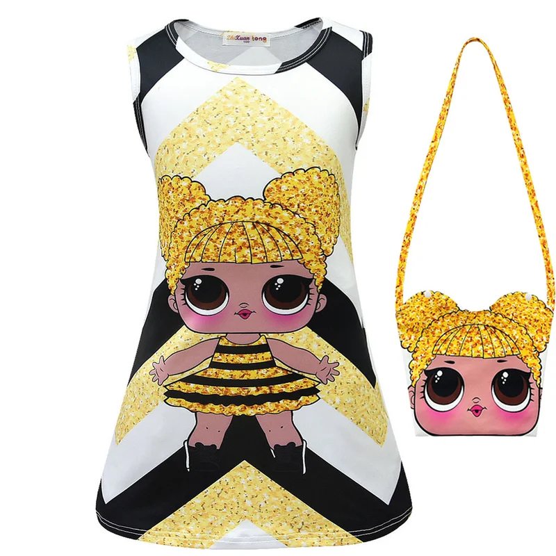

2019 New Baby Girls Christmas Dress Children's Lol Doll Cartoon Sleeveless Dresses Children's Casual Clothes and Lol Mask Bag