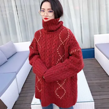 

High Street 2020 Fashion Women Loose Pullover Jumper Korean Fall Winter Turtleneck Knitted Oversized Harajuku Thick Sweater