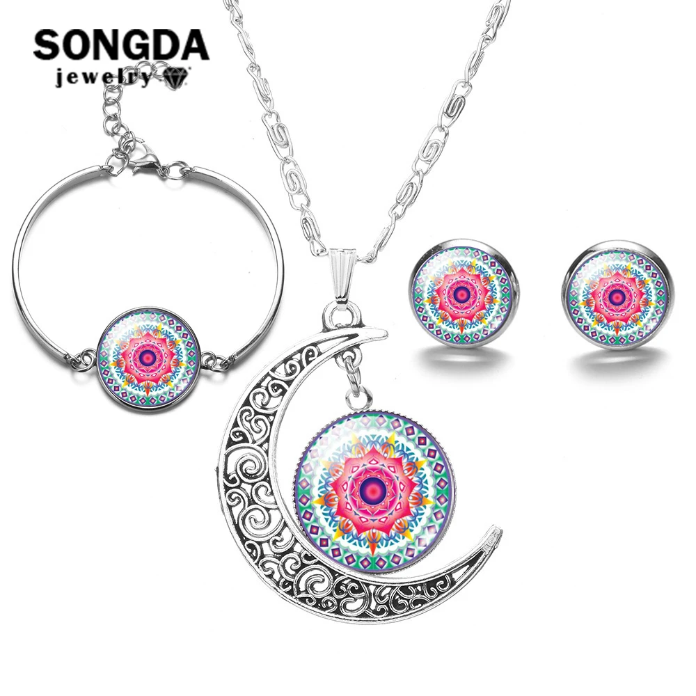 SONGDA Новый Винтажный набор ювелирных изделий из стекла мандалы OM Hinduism Datura Цветок