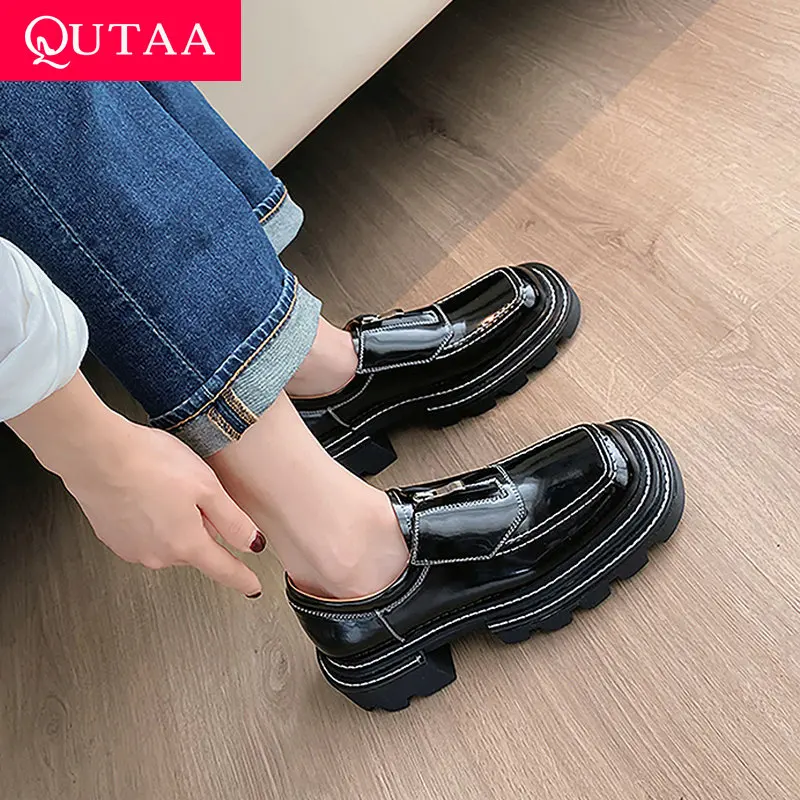 

QUTAA 2022 Spring Autumn Zipper Square Med Heels Genuine Leather Comfortable Female Shoes Round Toe Retro Women Pumps Size 34-39