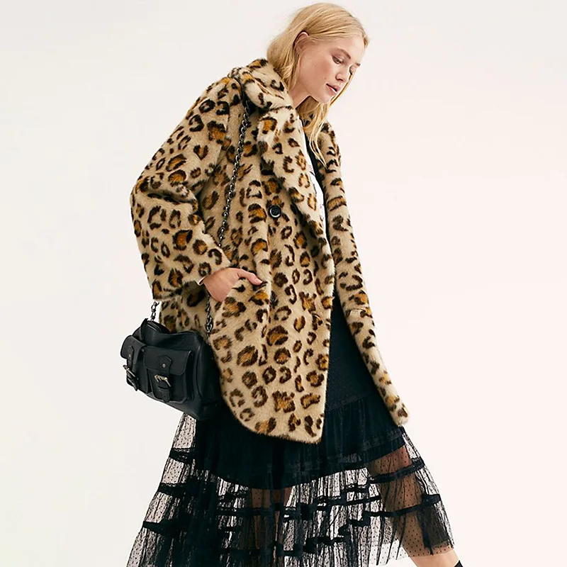 

Leopard Print Color Faux Fur Teddy Coat Women Long Thick Warm Jackets Fluffy Star Style Overcoats Winter Street Outerwear