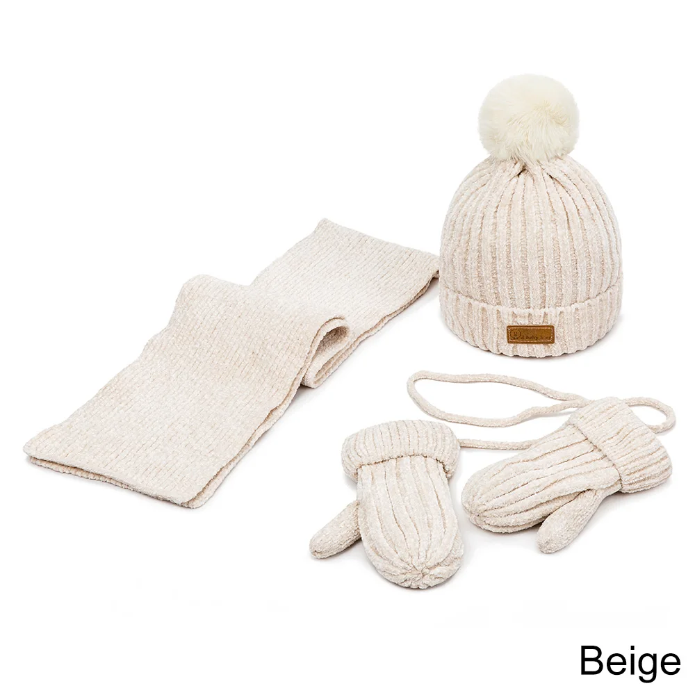 beige Милая зимняя шапка, шарф, перчатки, комплект для маленьких девочек и мальчиков, утепленная бархатная шапка, вязаный хлопковый шарф, варежки, перчатки - Цвет: beige