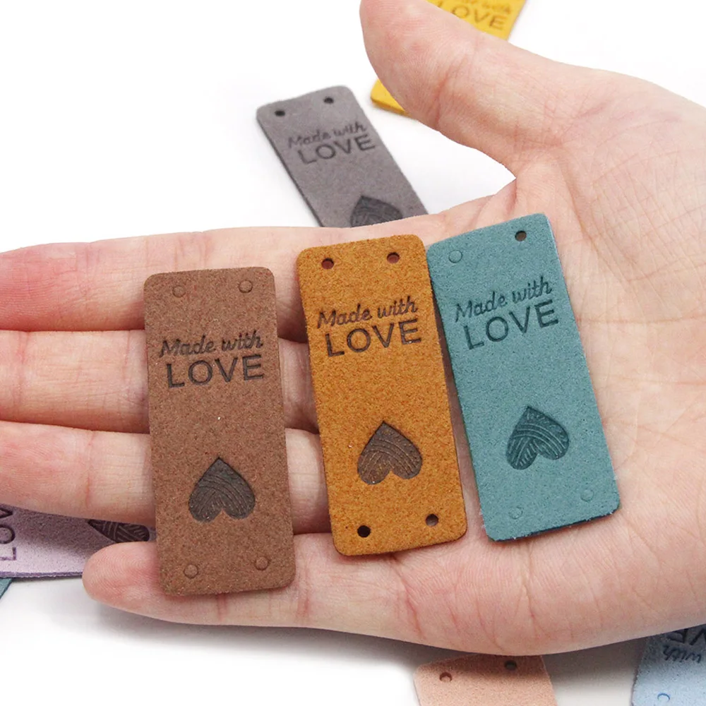 20Pcs Handmade Labels For Clothes Made With Love Leather Tags Hand Made Label For Hats Heart Knitting Tags Sewing Accessories
