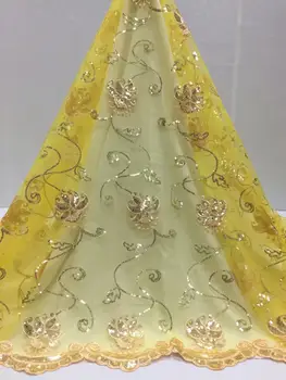 

Yellow African Mesh Lace Fabric Gold Sequins Milk Silk Lace High Quality Nigerian Lace Fabric 5Yards French Tulle Lace Fabric