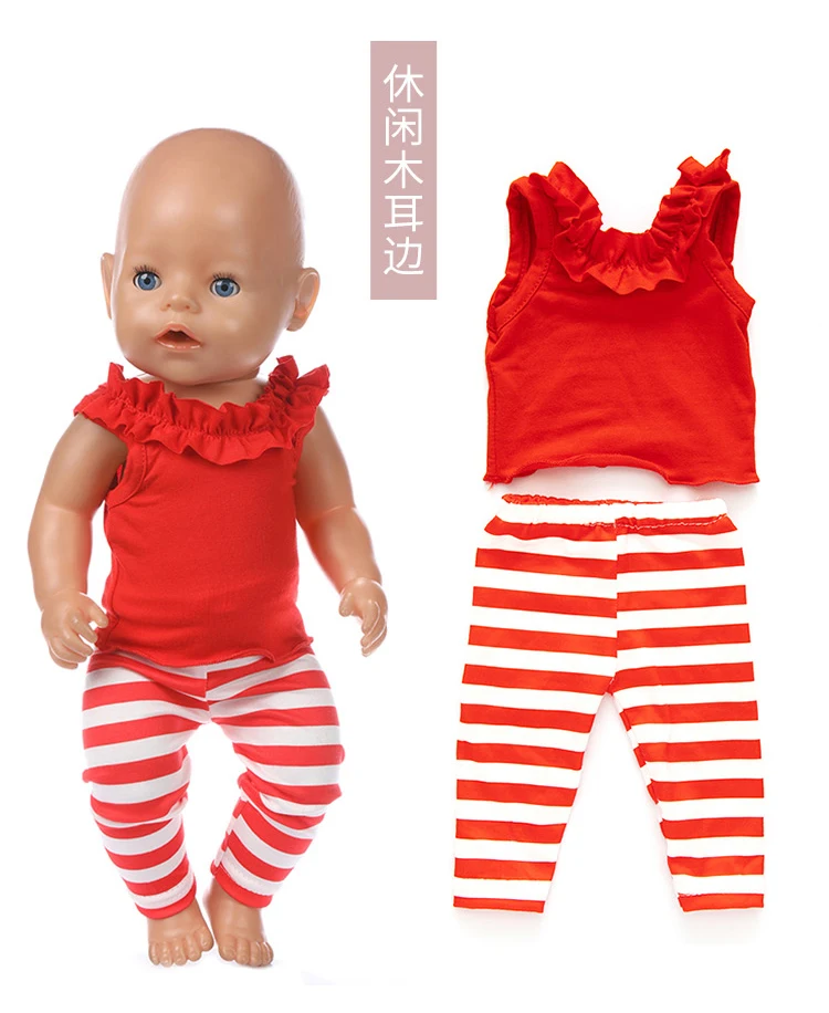 

2020 New Baby New Born Fit 18 inch Doll Clothes Accessories Red Green Casual Wooden Ear Clothes For Baby Birthday Gift