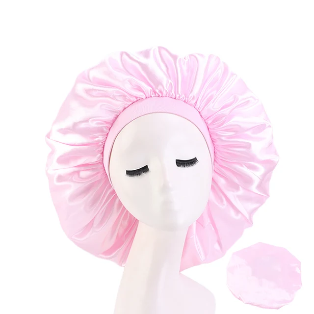 New Women Big Size Beauty print Satin Silky Bonnet Sleep Night Cap Head Cover Bonnet Hat for For Curly Springy Hair Black 405APink