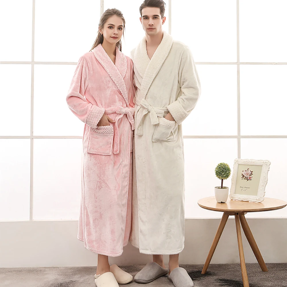 Couples Men Flannel Robes Winter Thicken Kimono Night Dresses Plus Size Autumn Patchwork Fleece Long Robes Bathrobe Nightgown